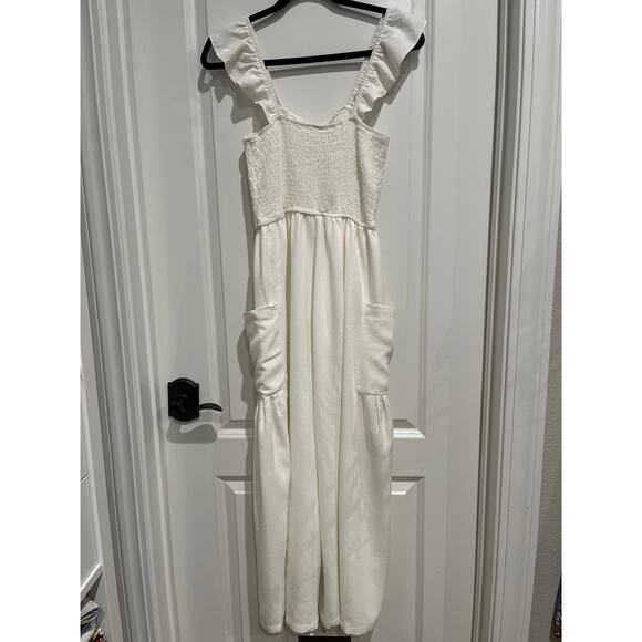 White Smocked Cotton/Linen Romper w/Side Pockets Small SAME DAY SHIP or NEXT DAY - Picture 5 of 7
